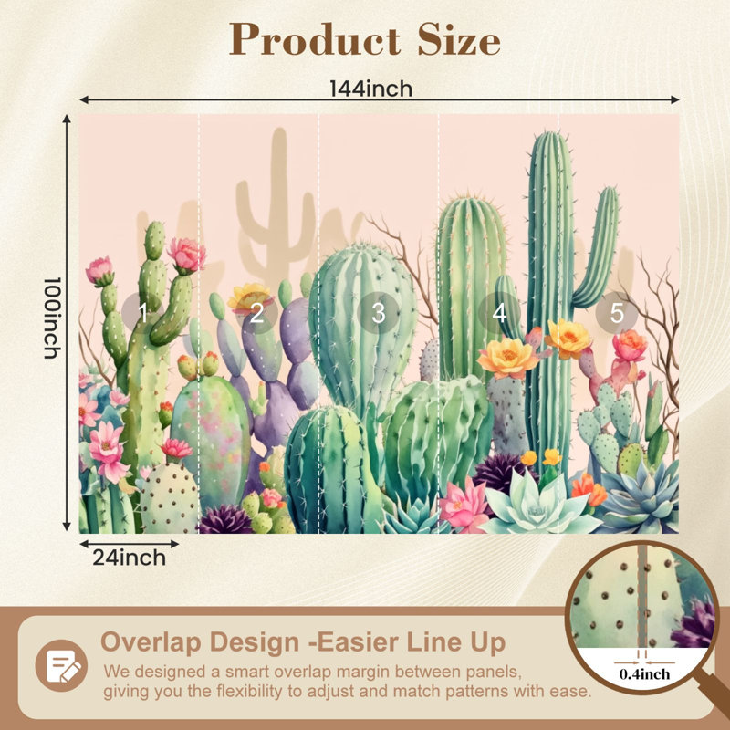 Papier peint adhésif peler et coller Cactus Garden Vibrant Floral Blooms Soft Pastels, papier peint amovible en PVC, H 100 po x l 144 po, pour chambre à coucher, bureau à domicile