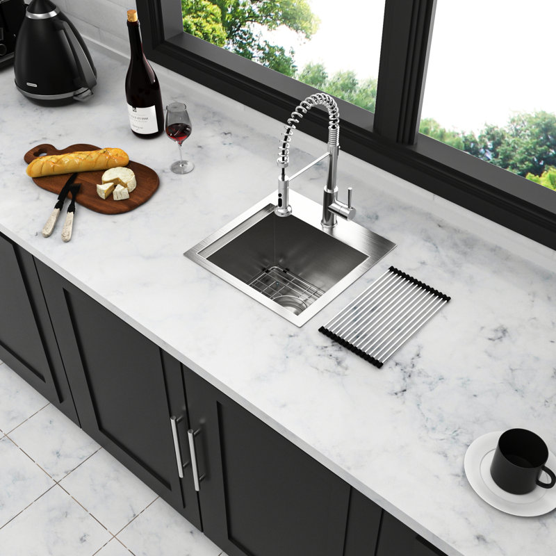 Évier de cuisine de 15 po en acier inoxydable de calibre 18, nickel brossé, facile à entretenir, lavabo simple fonctionnel avec modes interchangeables, forme en X pour l'écoulement de l'eau, support à enroulement et