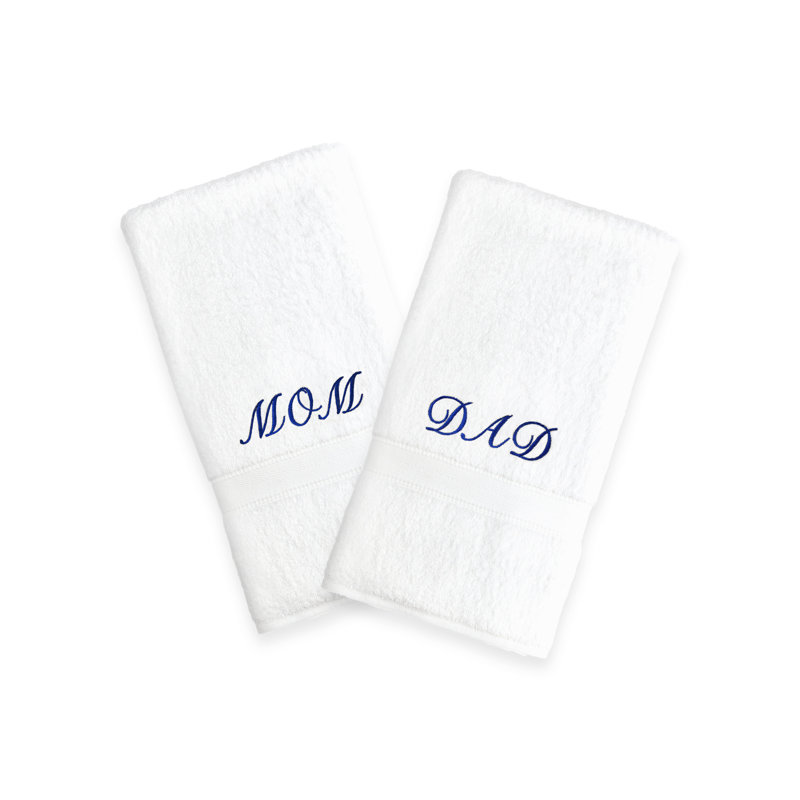 Ensemble de serviettes à mains 100% coton 2 pièces Mom & Dad, Blanc / Bleu marine