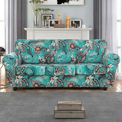 Housse de canapé imprimée pour canapé à 3 coussins Housse de canapé haute extensible 4 pièces Housse de canapé avec trois housses de coussin séparées Motif floral à fond élastique (vert, canapé)