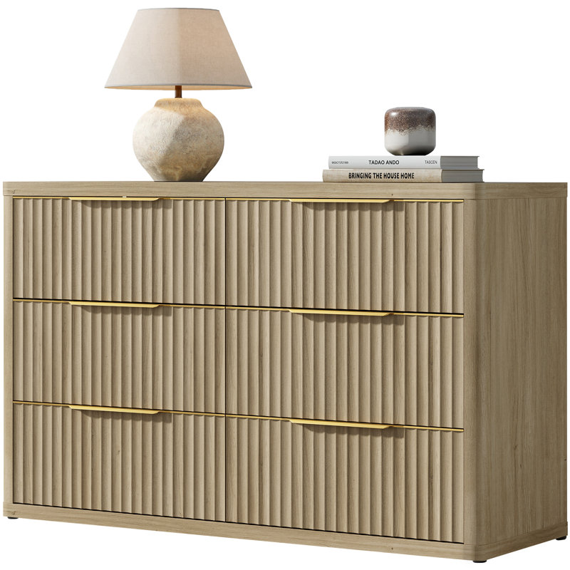 Commode à 6 tiroirs avec poignées dorées Cesiro, Chêne naturel, 1