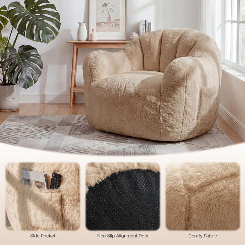 Oversized Tufted Bean Bag Chair with Side Pockets, Shed-Resistant Fabric & Shredded Memory Foam Lounger, Tufted Velvet Brown