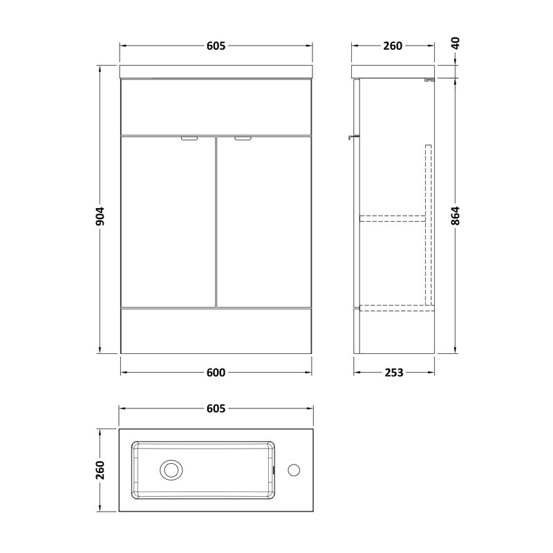 603mm Single Bathroom Vanity with Drop In Poly Marble Basin
