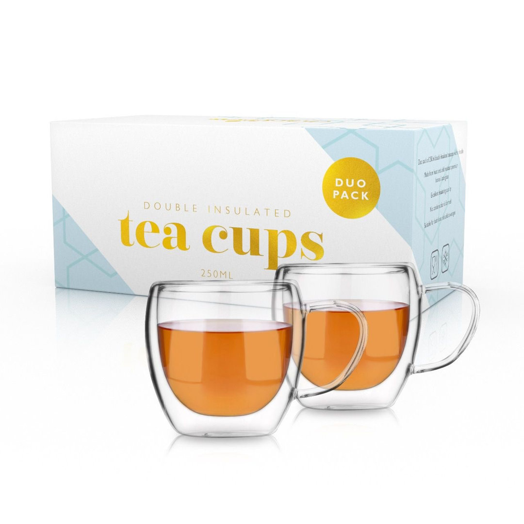 Duo Pack Glass Tea Cups 250ml Double Walled With Handle by Charbrew - Image 2