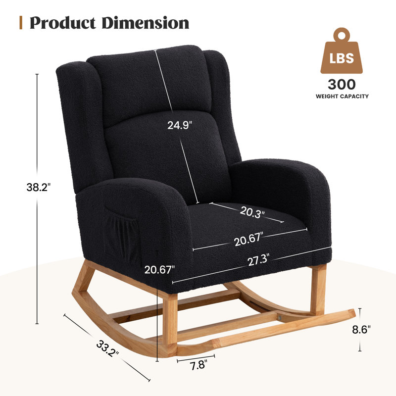 Chaise berçante de 27,3 po de largeur avec pieds et repose-pieds en bois massif, Ours en peluche noir