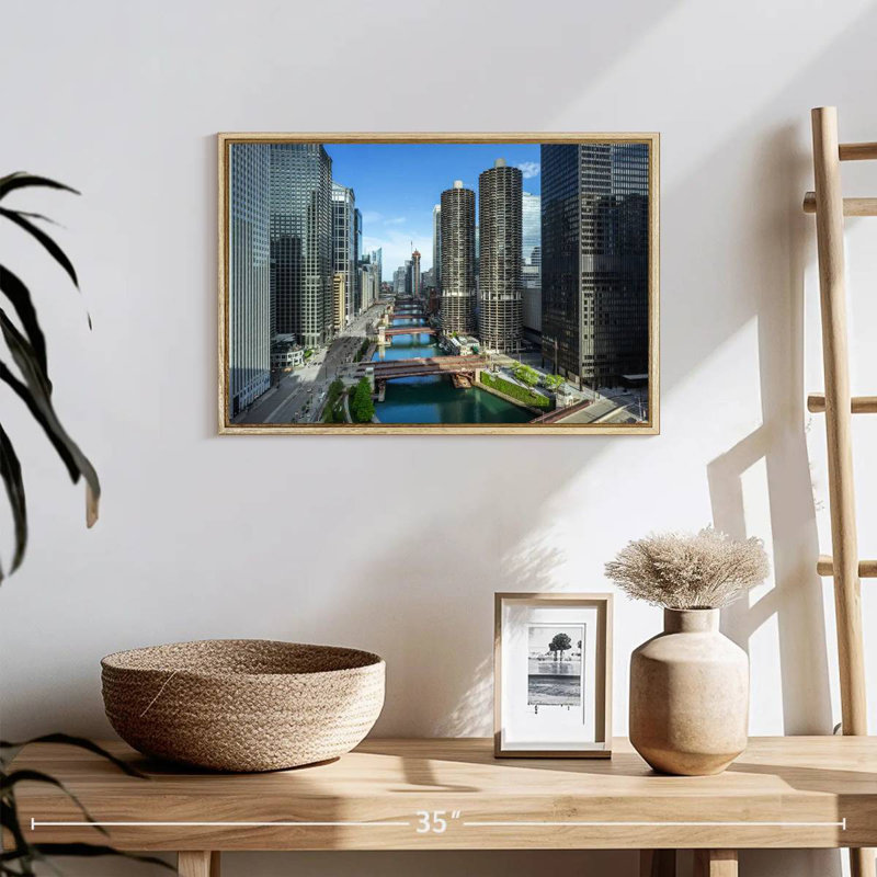 Chicago Riverside Towers, 19 po x 13 po, Cadre flottant en bois naturel
