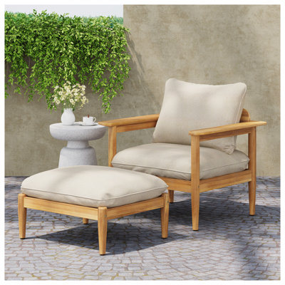Chaise longue d'extérieur en bois d'acacia avec repose-pieds et coussins beiges Terassi