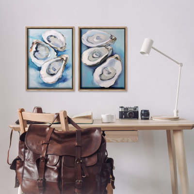 Oysters on the Half Shell 2 PC Brown Framed Floater Canvas Set by Petal Prints Design