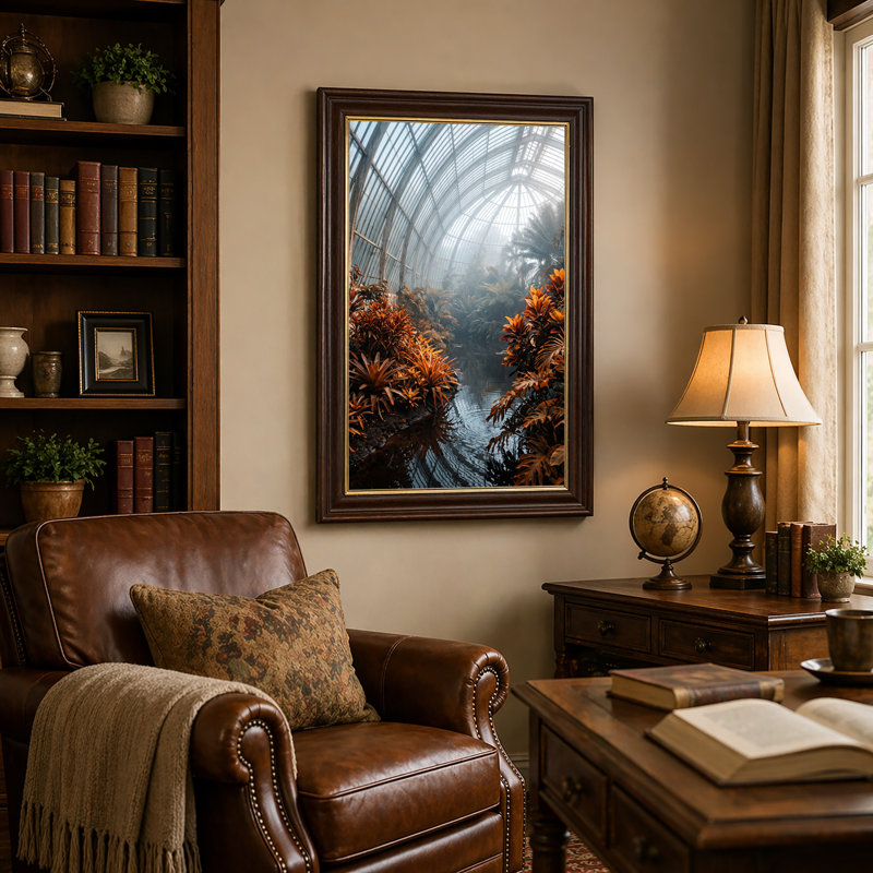 Art sur toile en forme de serre arquée avec feuilles orange, H 18 po x l 12 po