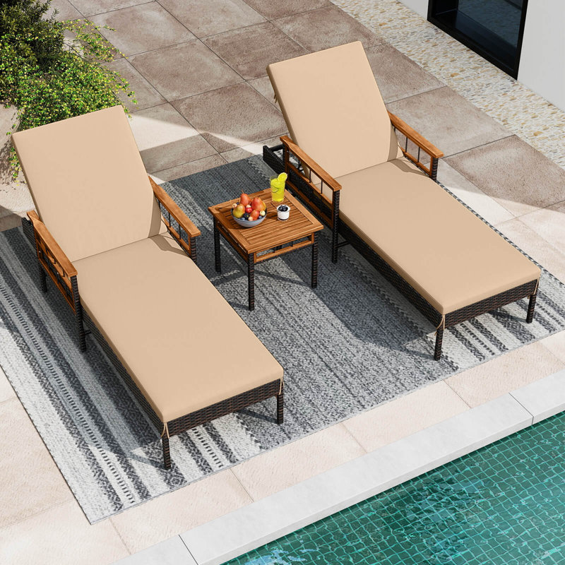2-Piece Patio Rattan Chaise Lounge with Side Table Outdoor Reclining Chair Set