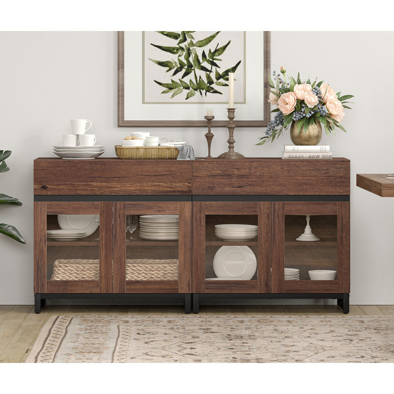 2 In 1 Multifunctional Sideboard Buffet Cabinets With 4 Glass Doors And 2 Drawers, Modern Sideboard Credenza With Metal Base, Coffee Bar Storage Cabinet For Living Room, Kitchen