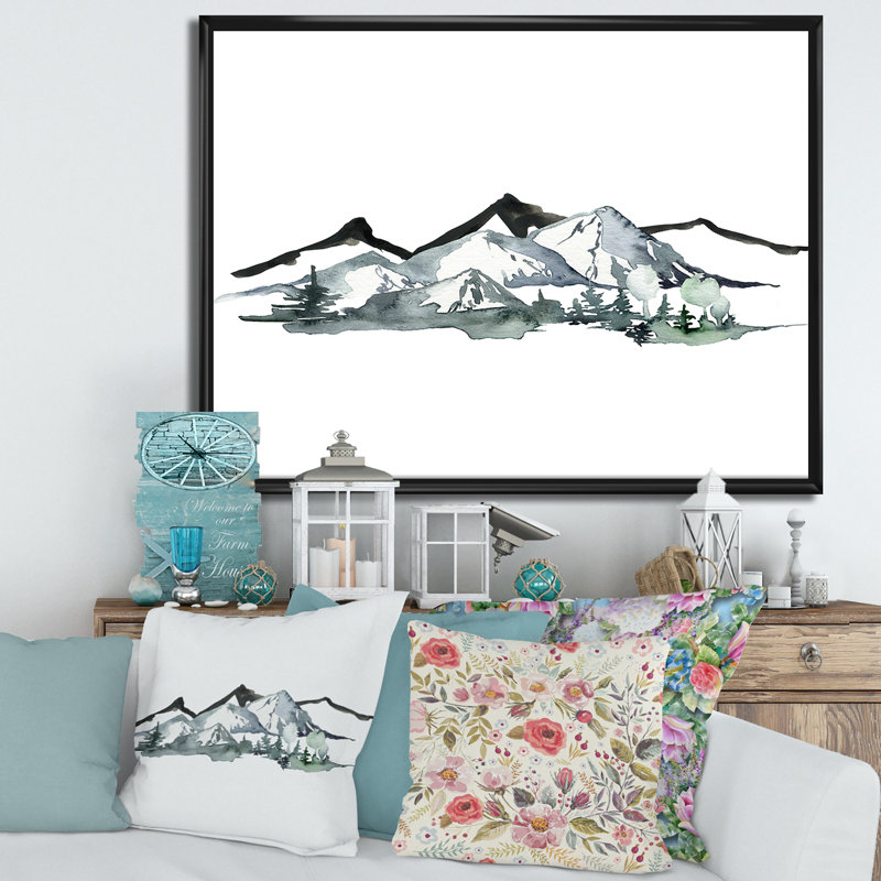 «Minimalistic Winter Mountains and Fir Forest I - Floater Frame», art textuel sur toile, Toile avec cadre noir