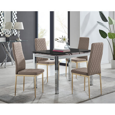 Tierra Modern Glass & Metal Extendable Dining Table Set & 4 Luxury Faux Leather Dining Chairs