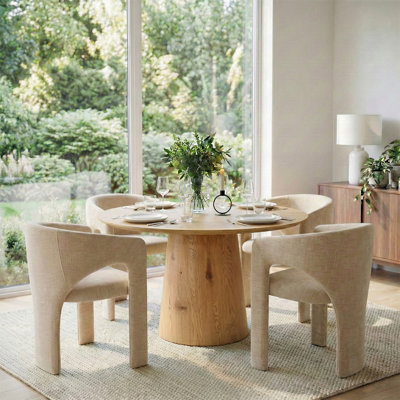 47"-83" Extendable Round To Oval Dining Table Set,Modern Pedestal Wood Dining Table With Upholstered Barrel Chairs