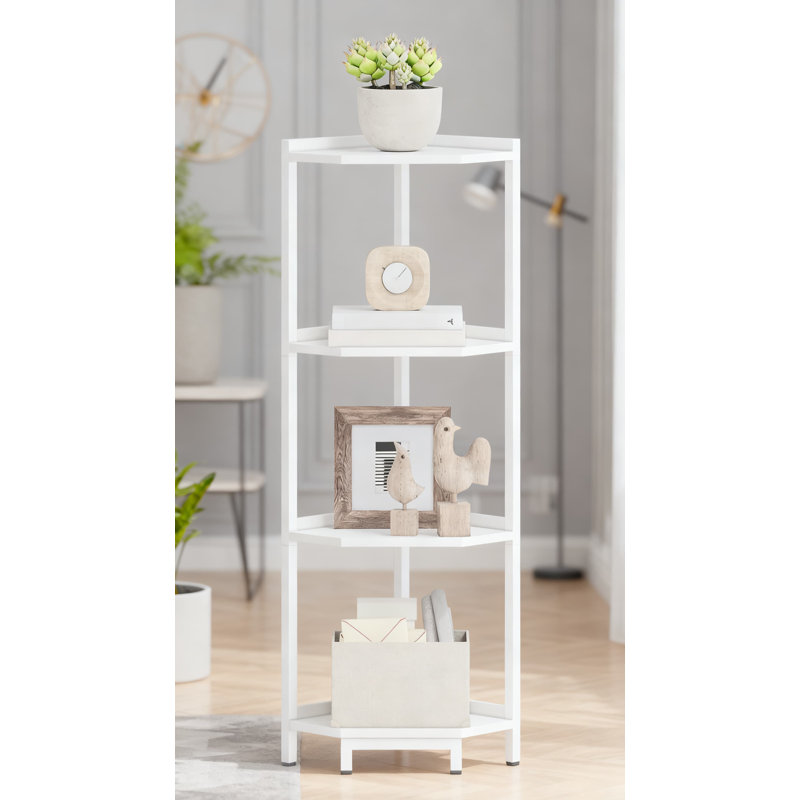 Étagère d'angle à 4 niveaux avec structure en métal, bibliothèque d'angle peu encombrante et présentoir pour le rangement du salon, du bureau personnel et de la chambre à coucher