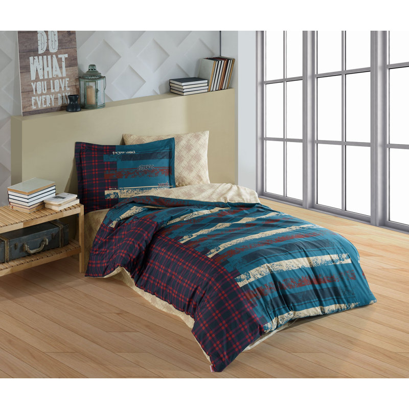 Ensemble de housse de courtepointe 100% coton de qualité supérieure, vert, rouge, bleu foncé et beige | Housse de couette 63 x 87, drap plat 63 x 95, taie d'oreiller 20 x 28 | Lavable à la machine, 152 fils, fermeture à boutons pour couette et taie d'oreiller