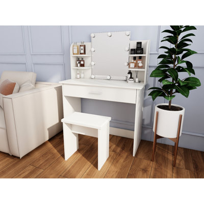 Table de coiffeuse à miroir réglable avec un tiroir, rangement spacieux pour les essentiels de beauté, tabouret assorti, compact et élégant, blanc antique, panneau de particules +, miroir de 15,63 po de largeur, pinceaux de maquillage,