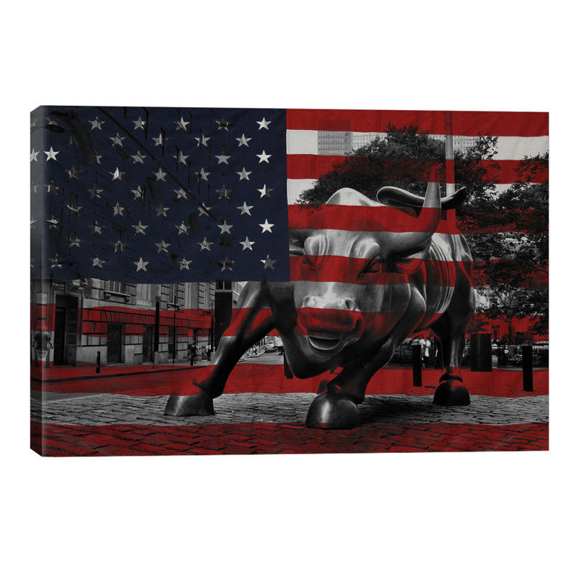 New York - Wall Street Charging Bull, Us Flag - Print on Canvas, 66.04 cm H x 45.72 cm W x 3.175 cm D, No Frame
