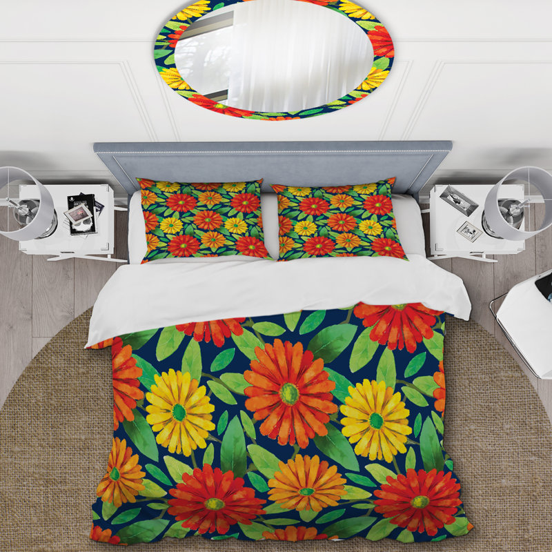 Ensemble de housse de couette en microfibre orange / jaune / vert, Housse de couette pour grand lit et 2 taies décor