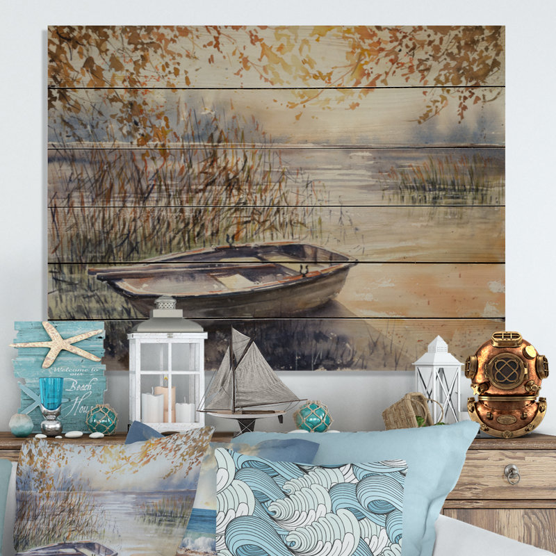Pêche à la rivière Boati - Forêt sans cadre, peinture sur bois, H 16 po x l 32 po x P 1 po
