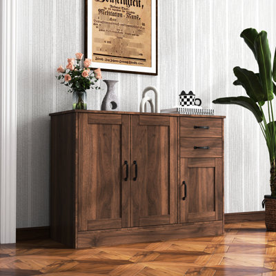 Buffet en noyer massif de 110 cm (43,3 pouces) avec 2 portes, 1 espace de rangement et tiroirs - Meuble d'entrée moderne et console de service, finition