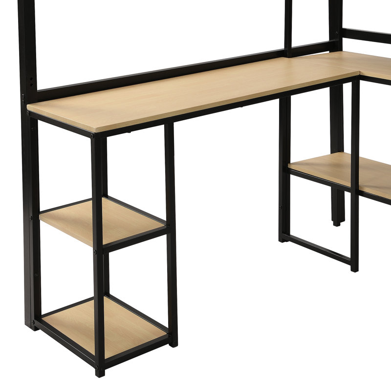 Lit mezzanine en métal avec escalier, bureau intégré et tablettes