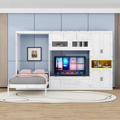 Lit escamotable simple en bois avec 2 tiroirs, meuble télé, tablettes et armoires