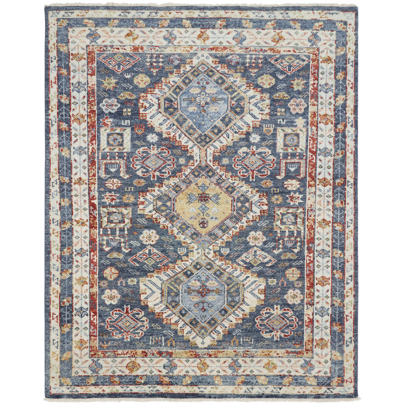 Pepa Hand Knotted Wool Area Rug, Rectangle 12' x 15', Blue/Ivory