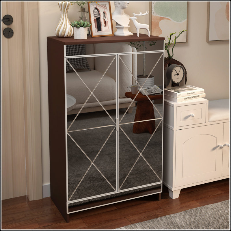 Elegant Decor Mirrored Cabinet With Silver Edging, Double Door Storage For Entryway And Shoe Organization