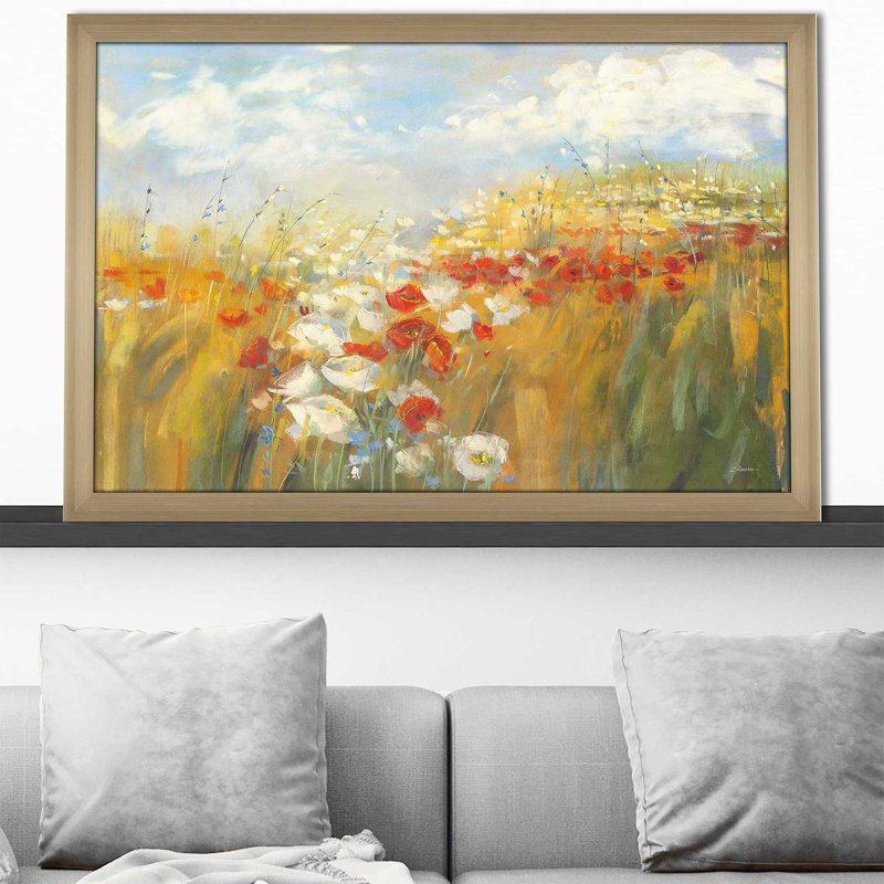 Coquelicots et larkspour - Peinture, Encadrement champagne, H 21,5 po x l 27,5 po x P 0,75 po
