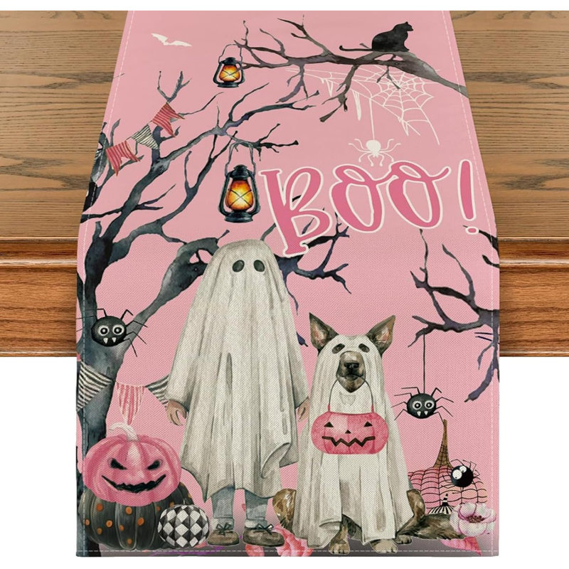Halloween Table Runner 183 x 33 cm, Ghost Pink Table Runner, Halloween Table Decorations Linen for Kitchen Dinning Home Seasonal Holiday Party Decor