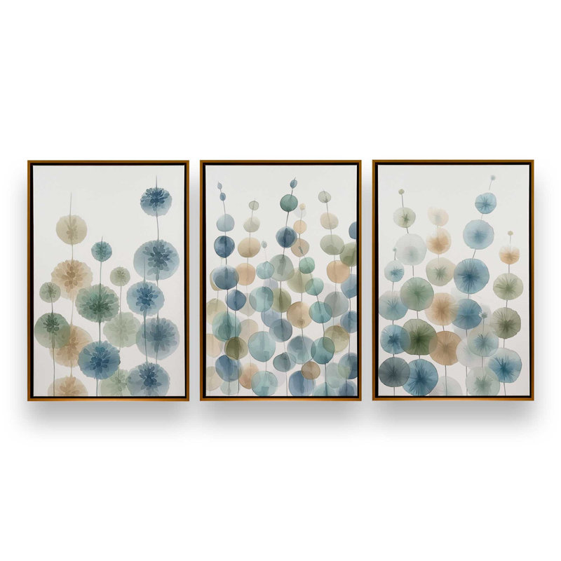Ensemble de 3 impressions de pétales chuchotés, 18 po x 12 po, Cadre flottant doré poli