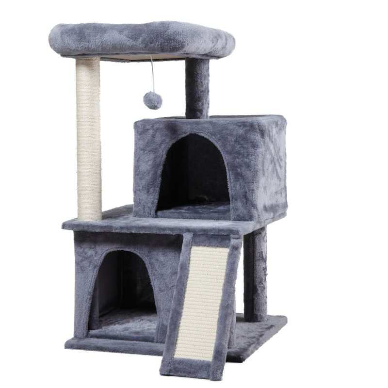 Arbre à chat gris à deux couches avec maison et enveloppé, profondeur de produit de 19,7 pouces, largeur de 17,7 pouces, hauteur de 34 pouces, 25,69 livres, construction ferme, deux taches de repos, décoration, couleur de la surface d'assemblage étape par étape,