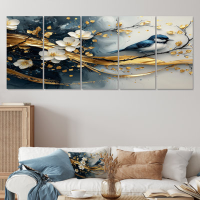 Oiseau bleu et doré sur une branche de cerisier en fleurs - ensemble d'art sur toile Cherry Blossom