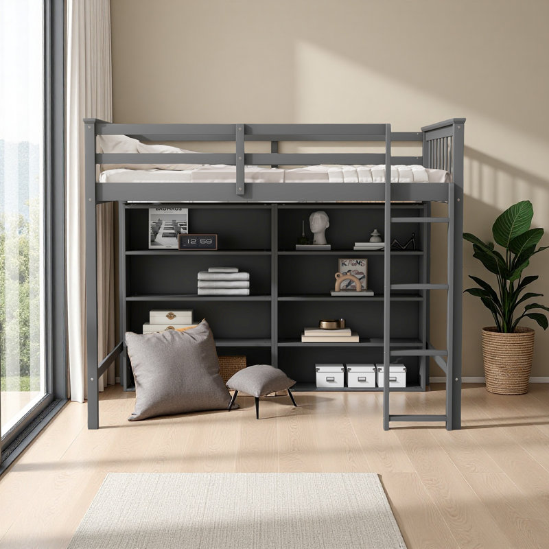 Loft Bed With 8 Open Storage Shelves And Built-In Ladder