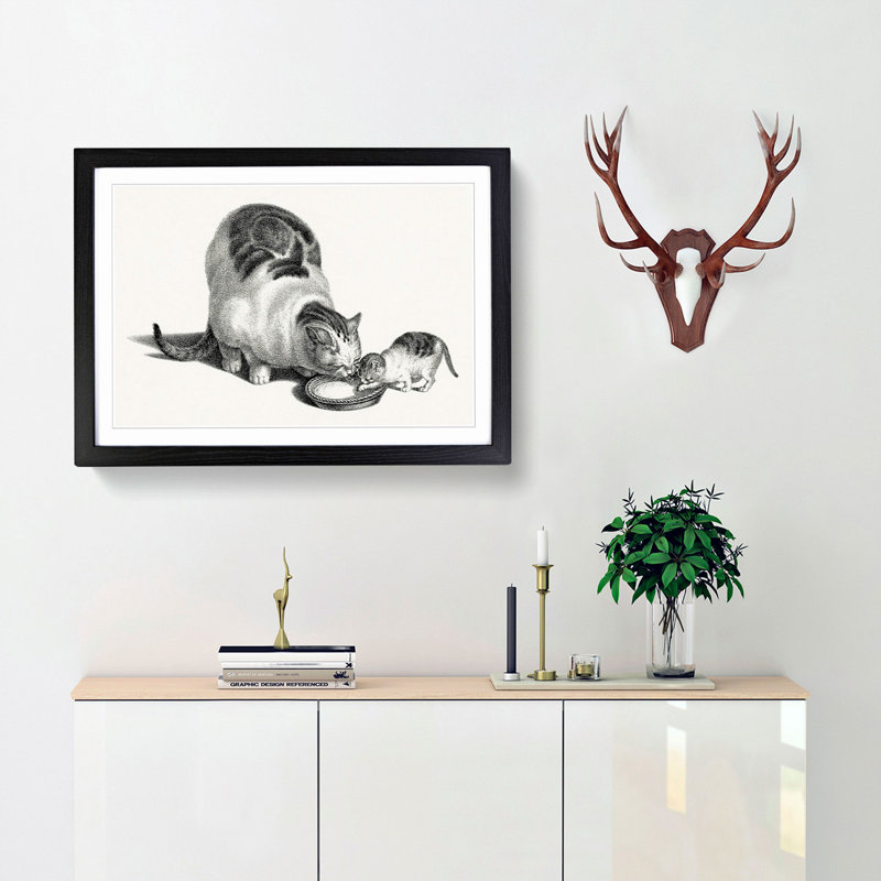 Cat & Kitten Drinking by Gottfried Mind - Framed Print, 36cm H x 48cm W x 2cm D, Black Framed