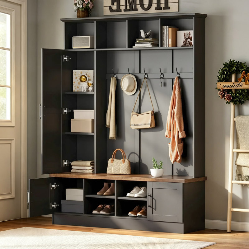Arbre d'entrée 55,1 po avec banc de rangement, 5 crochets, 4 casiers ouverts et 3 armoires pour vestibule, Black