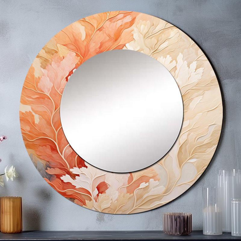 Rilka rose et blanc bord de mer corail Collage VI - coraux unique, miroir décoratif crème, grand miroir rond, art imprimé en métal