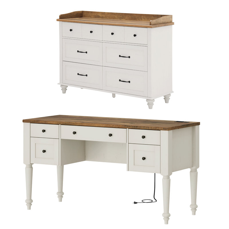 2 Piece Office Set, 56" Executive Writing Desk & 6 Drawer Dresser, Off White