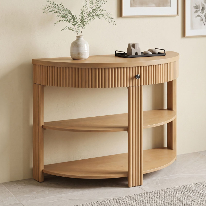 Console cannelée demi-lune avec tiroir et tablettes, Naturel