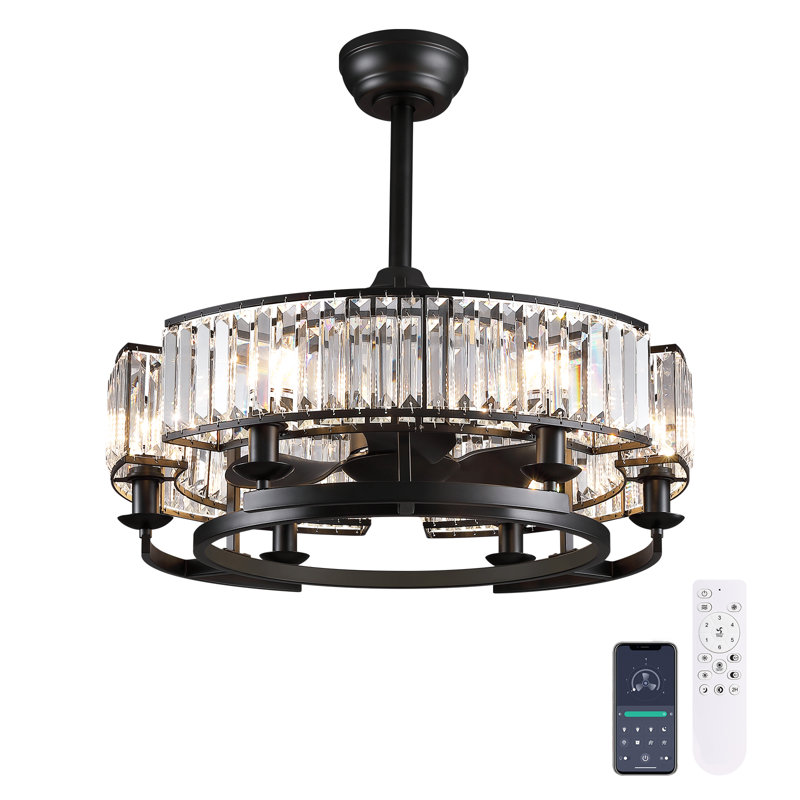 Ventilateur de plafond en cristal 24,8 po avec lustre suspendu rétro pour salle à manger de ferme noir