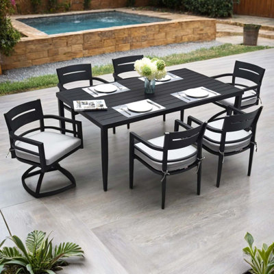 7-piece Outdoor Aluminum Modern Dining Set With Cushion And Umbrella Hole In Black