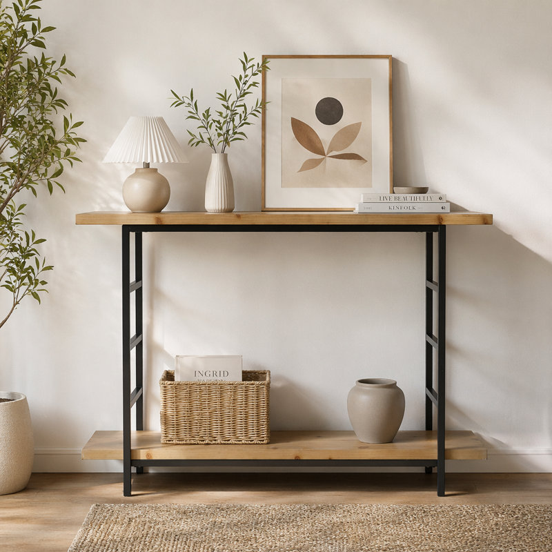 48x16x32"  2-Tier Wood and Iron Console Table with Black Frame and Storage Shelf, Industrial/Modern/Minimalist
