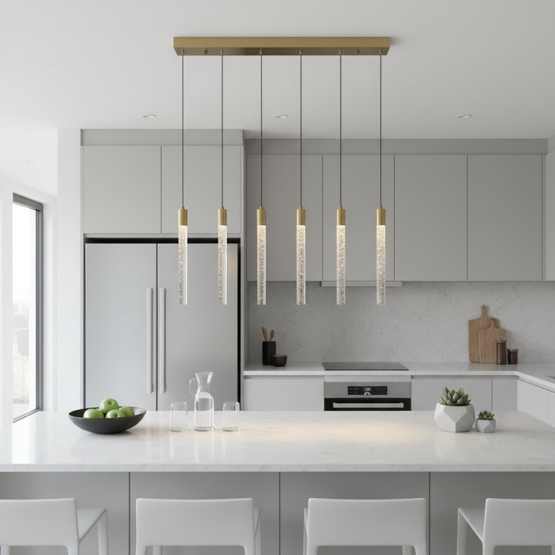 5 Lights  Modern LED Crystal Pendant Light Kitchen Island Liner Style 3000 K Triac Dimming, Brass