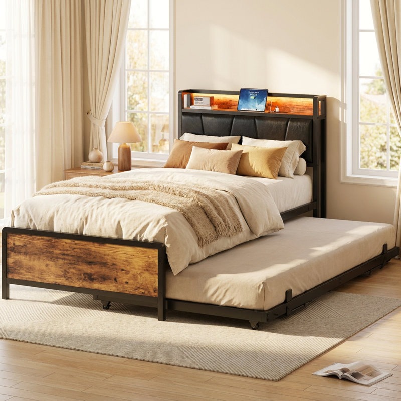 Daybed with Pop-Up Trundle Bed, Upholstered Headboard, Storage Shelf, Locking Wheels, Lights and Charging, Convertible Design for Flexible Sleeping and Space-Saving