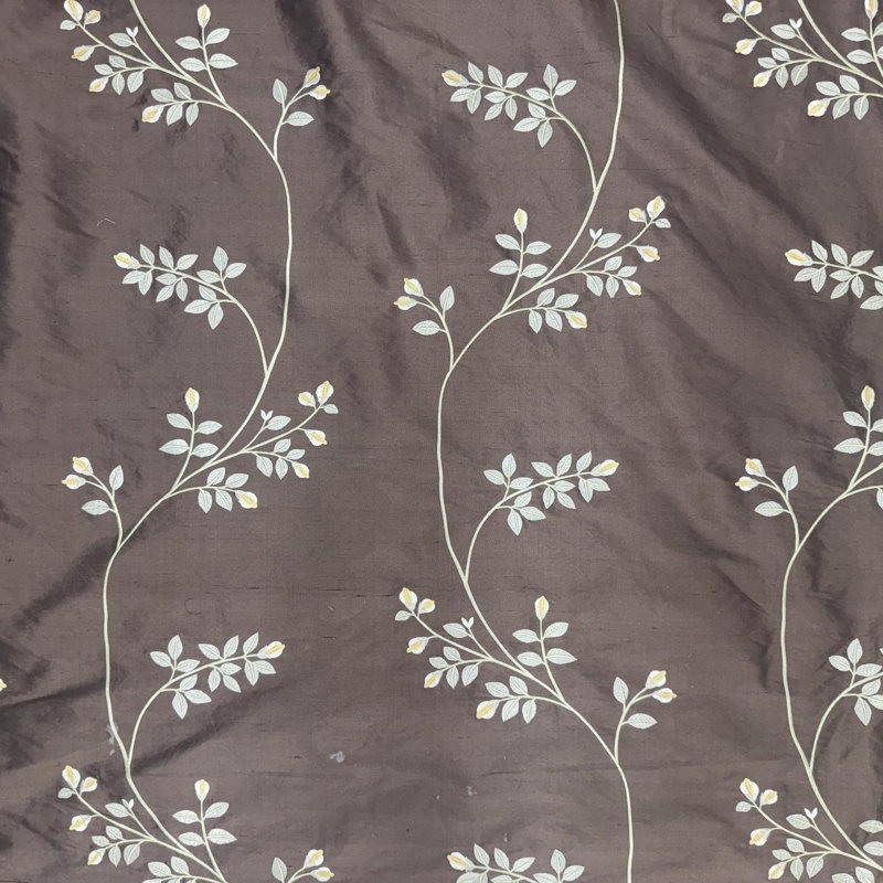 Dessler Fabric | Floral Embroidered Stripe Silk Fabric | Drapery & Curtain Fabric, Chocolate