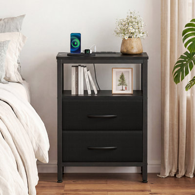 Nightstand with Charging Station and 2 Fabric Drawers, Bedside Table with USB Ports and Outlets, End Table with Open Shelf