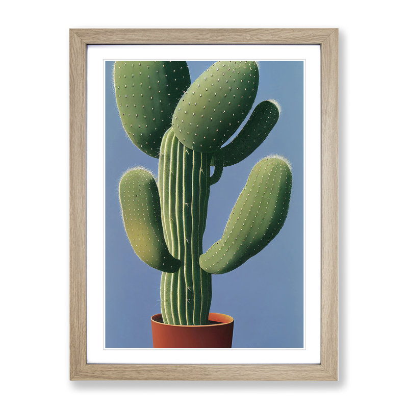 Cactus Plant - Print, White, Oak Framed, 66cm H x 48cm W x 2cm D