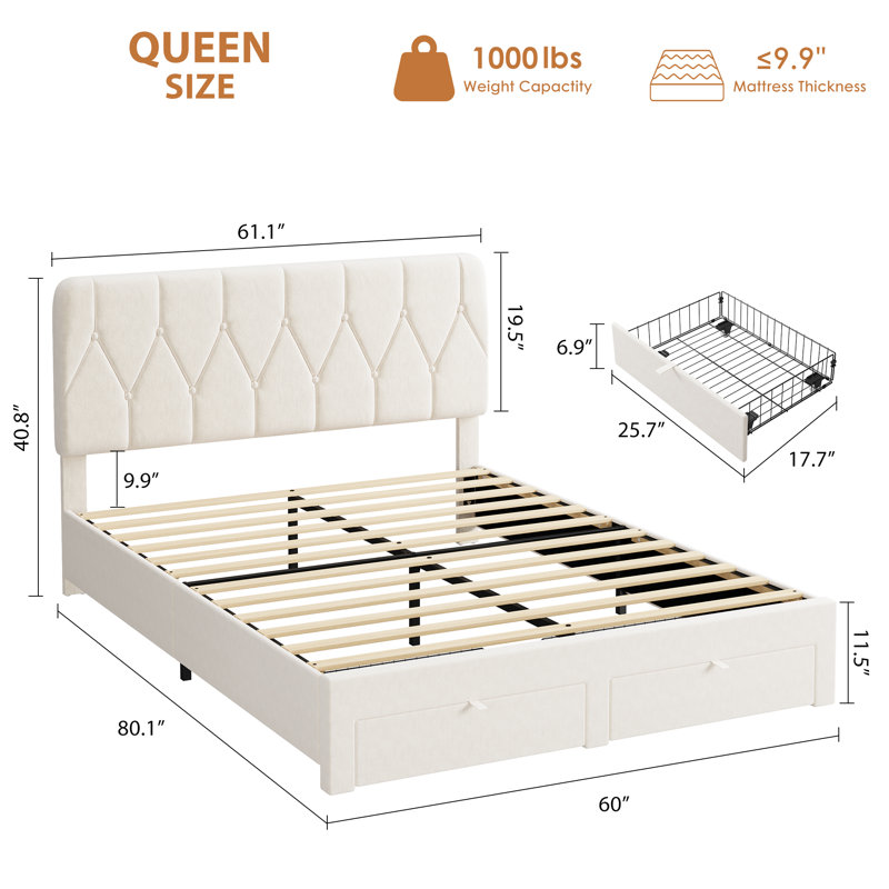 Lit plateforme tapissier pour grand lit avec tête de lit capitonnée à deux tiroirs pour la chambre à coucher, blanc, Blanc
