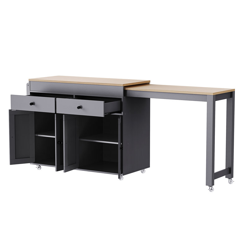 K&K Kitchen Island With Extendable Dining Table, Gray